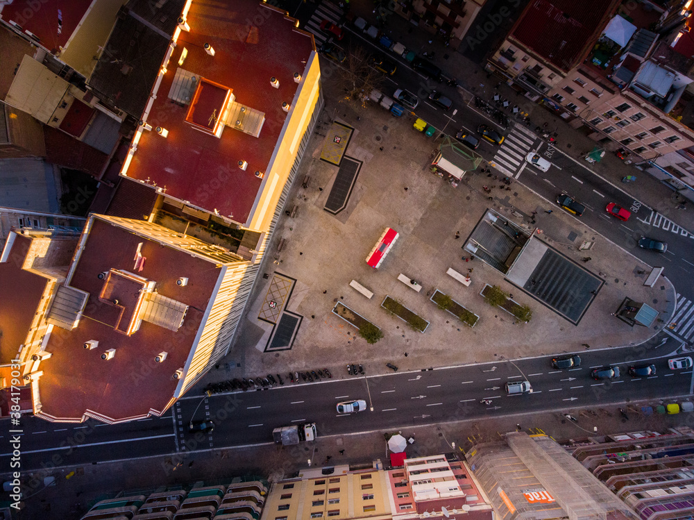 Barcelona street aerial view with beautiful patterns in Spain. 2020