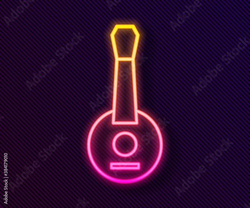Glowing neon line Banjo icon isolated on black background. Musical instrument. Vector.