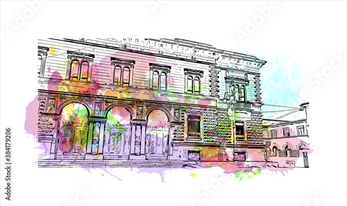 Building view with landmark of Bergamo is a city in the alpine Lombardy region of northern Italy. Watercolor splash with hand drawn sketch illustration in vector.
