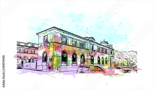 Building view with landmark of Bergamo is a city in the alpine Lombardy region of northern Italy. Watercolor splash with hand drawn sketch illustration in vector.
