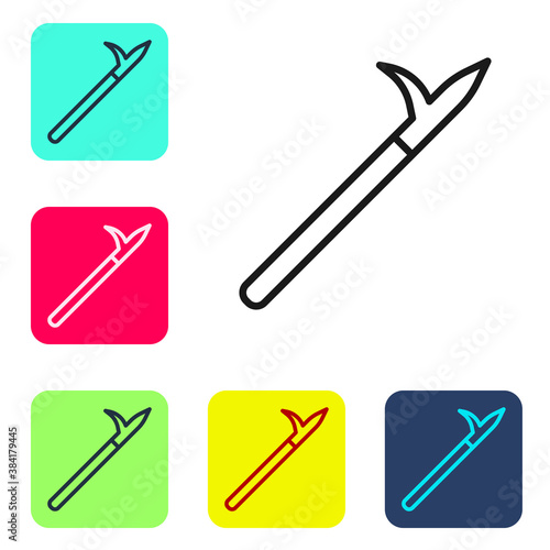 Black line Metal pike pole with wooden handle icon isolated on white background. Spear, pickaxe, hook hand extinguishing instrument and tool for fireman. Set icons in color square buttons. Vector.