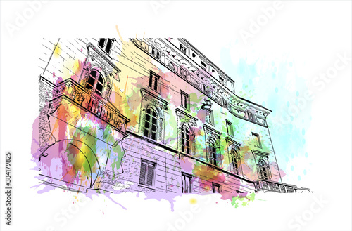 Building view with landmark of Bergamo is a city in the alpine Lombardy region of northern Italy. Watercolor splash with hand drawn sketch illustration in vector.
