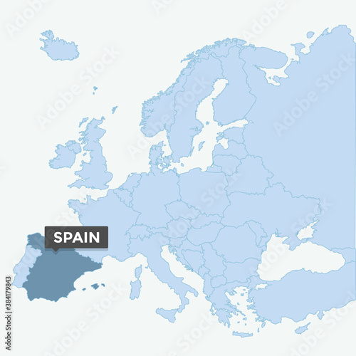 Europe map with the identication of Spain. Map of Spain. Location, information design. Vector stock © Jessica