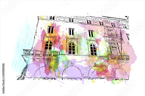 Building view with landmark of Bergamo is a city in the alpine Lombardy region of northern Italy. Watercolor splash with hand drawn sketch illustration in vector.