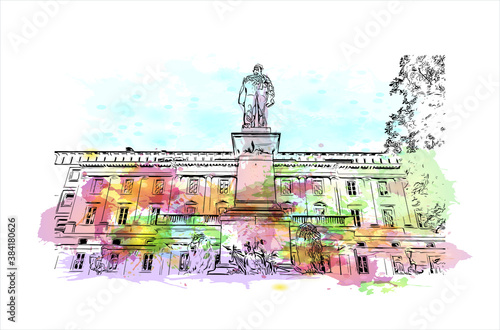Building view with landmark of Bergamo is a city in the alpine Lombardy region of northern Italy. Watercolor splash with hand drawn sketch illustration in vector.