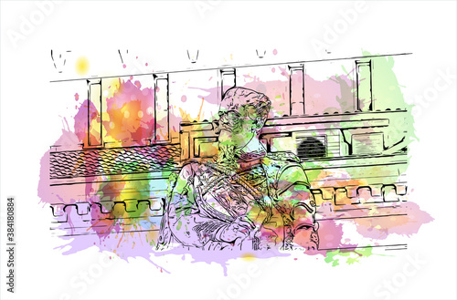 Building view with landmark of Bergamo is a city in the alpine Lombardy region of northern Italy. Watercolor splash with hand drawn sketch illustration in vector.