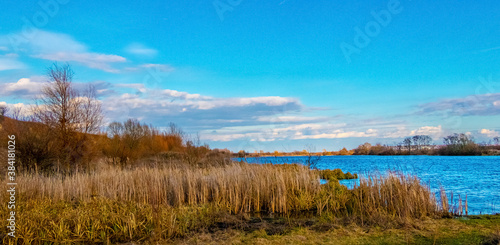 Spring landscape with river  reeds and blue sky