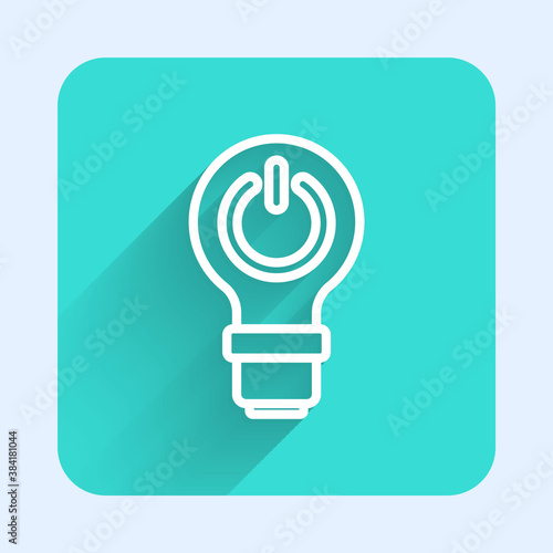 White line Light bulb with lightning symbol icon isolated with long shadow. Light lamp sign. Idea symbol. Green square button. Vector.
