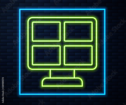 Glowing neon line Solar energy panel icon isolated on brick wall background. Vector.
