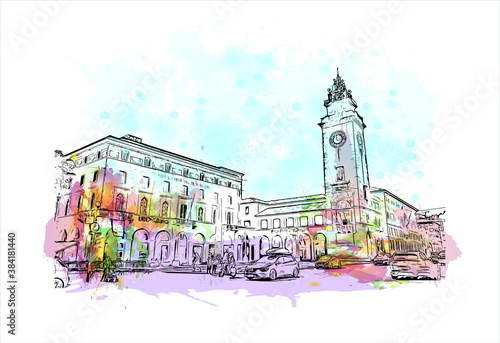 Building view with landmark of Bergamo is a city in the alpine Lombardy region of northern Italy. Watercolor splash with hand drawn sketch illustration in vector.