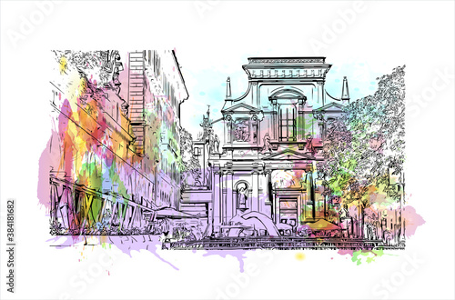 Building view with landmark of Bergamo is a city in the alpine Lombardy region of northern Italy. Watercolor splash with hand drawn sketch illustration in vector.