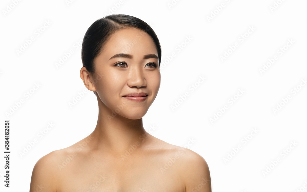 Dreamful. Portrait of beautiful asian woman isolated on white studio background. Beauty, fashion, skincare, cosmetics concept. Well-kept skin and fresh look. Healthy, shiny. Copyspace for ad. Dreamful. Portrait of beautiful asian woman isolated on white studio background. Beauty, fashion, skincare, cosmetics concept. Well-kept skin and fresh look. Healthy, shiny. Copyspace for ad.