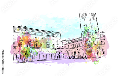Building view with landmark of Bergamo is a city in the alpine Lombardy region of northern Italy. Watercolor splash with hand drawn sketch illustration in vector.