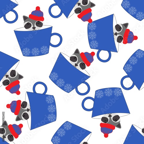 
Seamless pattern with a cute raccoon in a hat in a pastel cup with snowflakes on a white background. Vintage prints in flat style for interior. Stock vector illustration for decor and design, fabric.