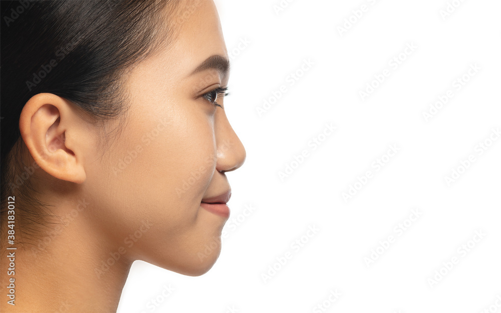 Profile portrait of beautiful asian woman isolated on white studio background. Beauty, fashion, skincare, cosmetics concept. Well-kept skin and fresh look. Healthy, shiny. Copyspace for ad. Profile portrait of beautiful asian woman isolated on white studio background. Beauty, fashion, skincare, cosmetics concept. Well-kept skin and fresh look. Healthy, shiny. Copyspace for ad.