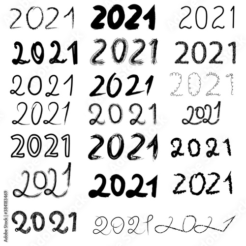 Big set of 2021 hand script lettering. New Year text templates for banners, posters, greeting cards, invitations, Christmas design. Vector typography logo illustration. Collection of black labels