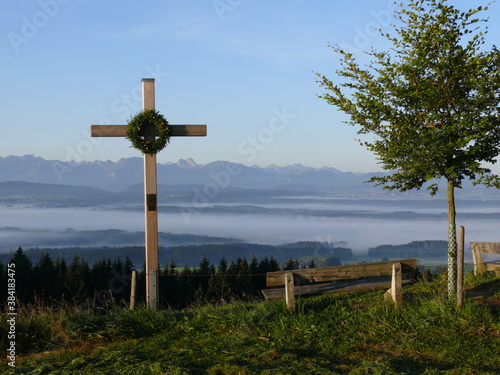 Blick vom Auerberg in Bayern auf das Alpenpanorama photo