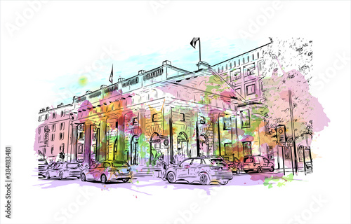 Building view with landmark of Bergamo is a city in the alpine Lombardy region of northern Italy. Watercolor splash with hand drawn sketch illustration in vector.