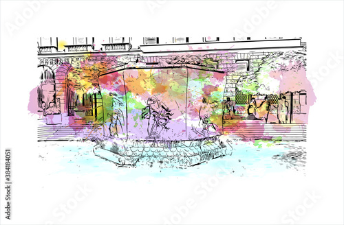 Building view with landmark of Bergamo is a city in the alpine Lombardy region of northern Italy. Watercolor splash with hand drawn sketch illustration in vector.
