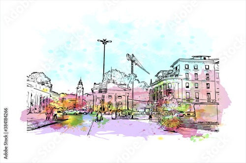 Building view with landmark of Bergamo is a city in the alpine Lombardy region of northern Italy. Watercolor splash with hand drawn sketch illustration in vector.