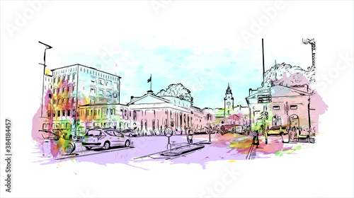 Building view with landmark of Bergamo is a city in the alpine Lombardy region of northern Italy. Watercolor splash with hand drawn sketch illustration in vector.