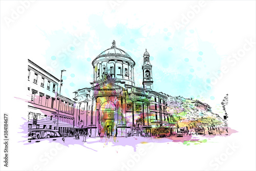 Building view with landmark of Bergamo is a city in the alpine Lombardy region of northern Italy. Watercolor splash with hand drawn sketch illustration in vector.