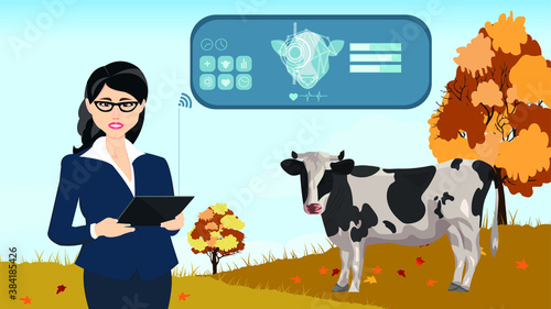 Online technologies of the process of obtaining milk from the udder of lactating farm animals, cows. Modern technologies in animal husbandry. Vector