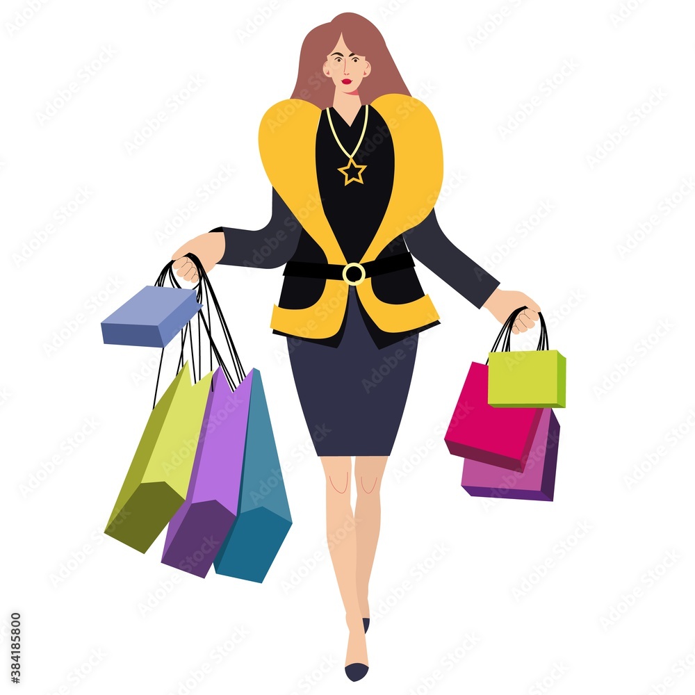 Beautiful girl with shopping bags, great design for any purposes. Flat illustration. Shopping concept, happy woman in heels walking with bags from supermarket