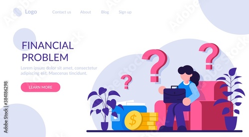 Sad woman concerned about financial problem. Money need and unpaid loan debts. Character, question mark, wallet with cash. Modern flat illustration.