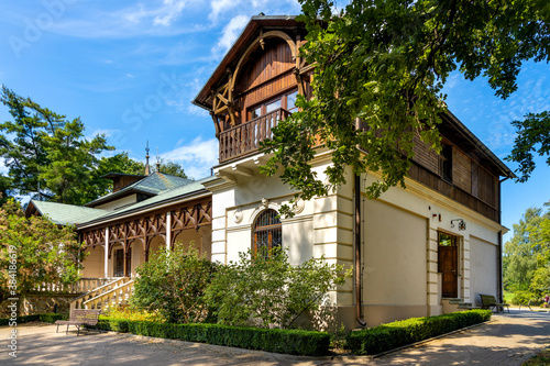 Side view of historic manor house and museum of Henryk Sienkiewicz, polish novelist and journalist, Nobel Prize winner in Oblegorek, Poland