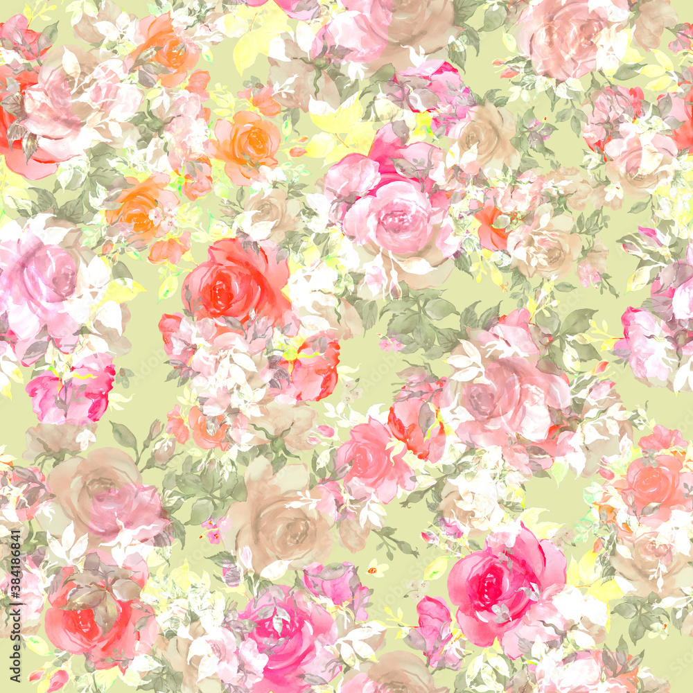 Seamless beautiful pattern of painted roses with foliage
