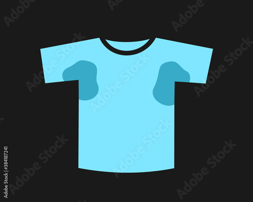 Sweaty t-shirt - wet clothes, garment and apparel after sweating. Stain and smudge in ampit area. Vector illustration isolated on black.