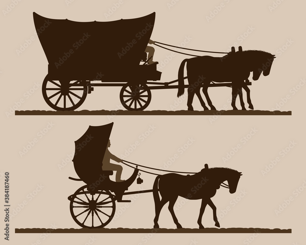 Silhouettes of the carriages. 
Silhouettes of horse-drawn carriages with riders. Two-wheeled and four-wheel carriage. Wild west wagon silhouette. Vector illustration. - obrazy, fototapety, plakaty 