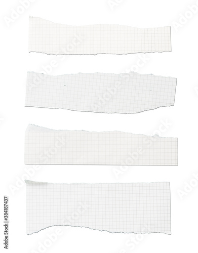  White ripped note, notebook paper stuck with sticky tape on white background.