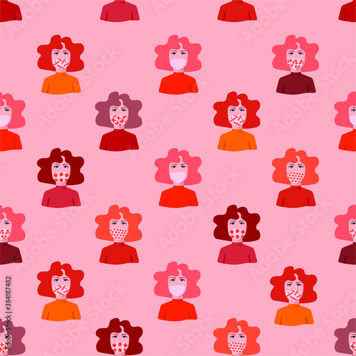 Seamless repeated pattern with women in masks with butterfly, polka dots, flowers, and leaf. Can be a pillowcase or case for phone or textile.