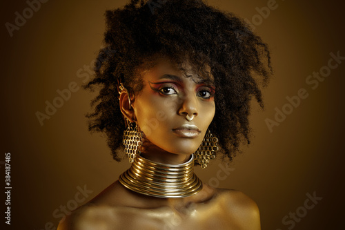 Colorful portrait of a beautiful afro girl wearing gold jewelry