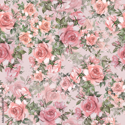 Seamless beautiful pattern of painted roses with foliage