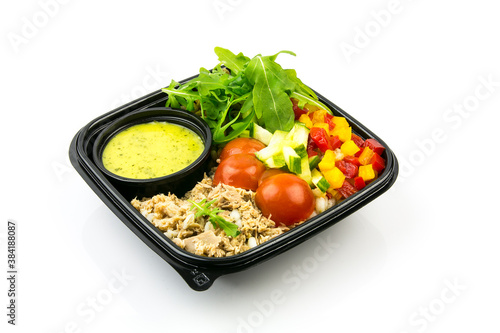 Salad with vegetables and tuna, black box