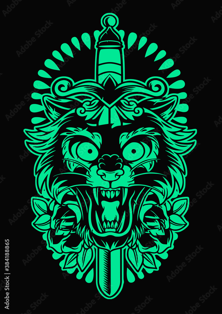 stock vector panther with sword ornament emblem. old school tattoo design