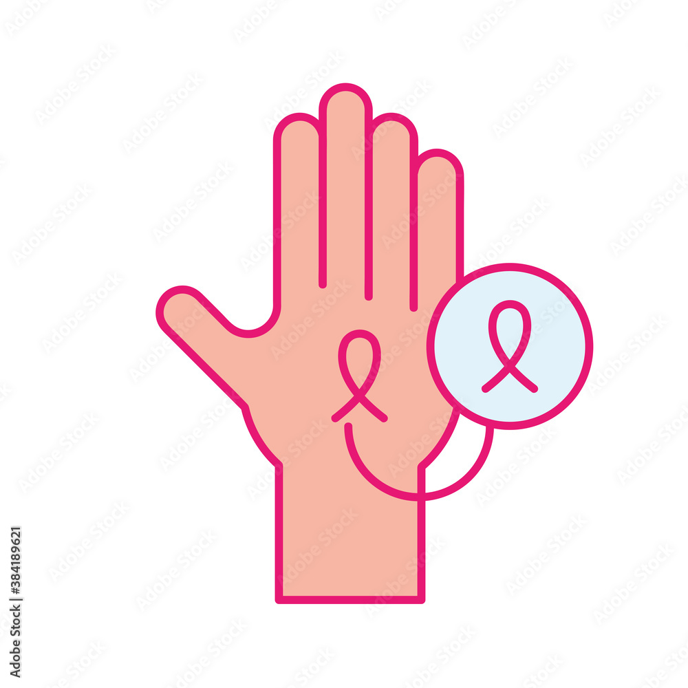 breast cancer ribbon on hand line and fill style icon vector design breast cancer ribbon on hand line and fill style icon vector design