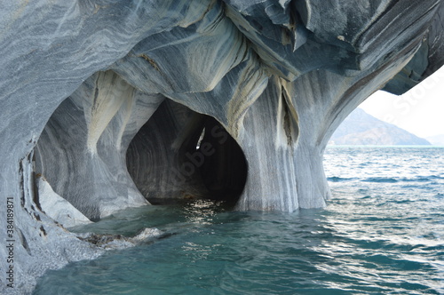 The Catedrales de Marmol rock formations in the General Carrera Lake outside of Chile Chico bordering between Argentina and Chile in Patagonia