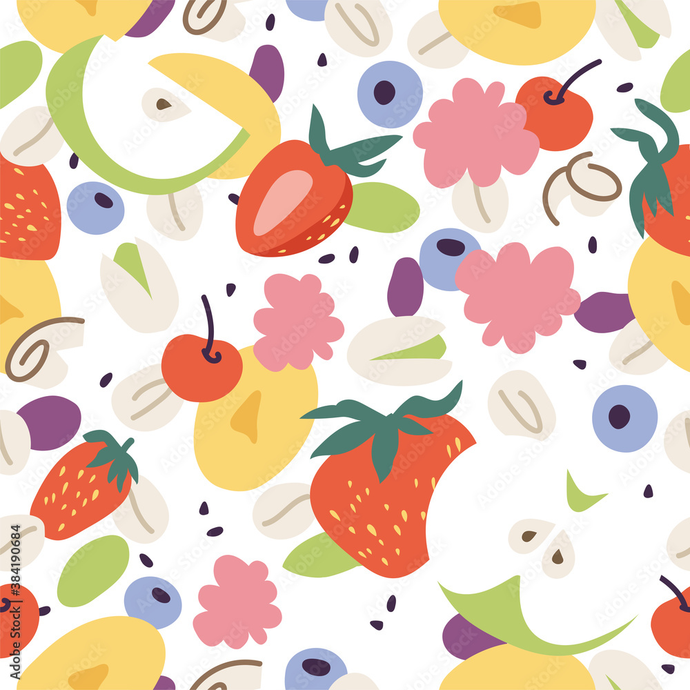 Vector illustration granola background with different fruits, berries, fruits and nuts. Organic and healthy snack. Seamless pattern.
