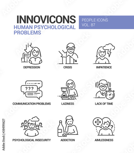 Human psychological problems line design style icons set