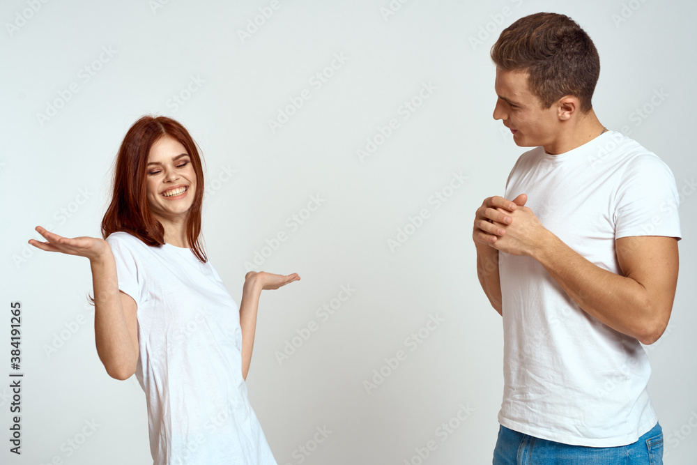 family couple in love jeans white t-shirt emotions fun man and woman having fun family couple in love jeans white t-shirt emotions fun man and woman having fun