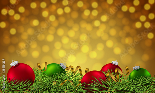 Happy New Year poster. Banner with red and green balls, branches of christmas tree, fir and ribbon, serpentine on the gold blurred lights background. Christmas design, decor. Vector illustration.