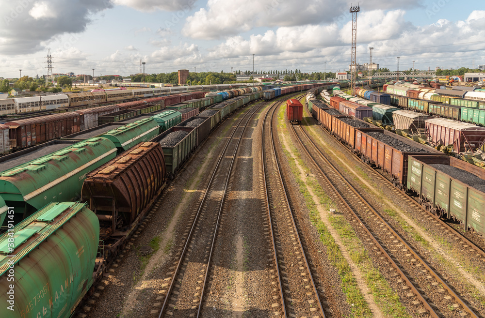 Railway interchanges with freight cars. Railway interchanges with freight cars.