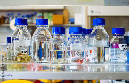 Stock solutions for biochemistry experiments, bottles with blue cap are on a shelf, blurry background
