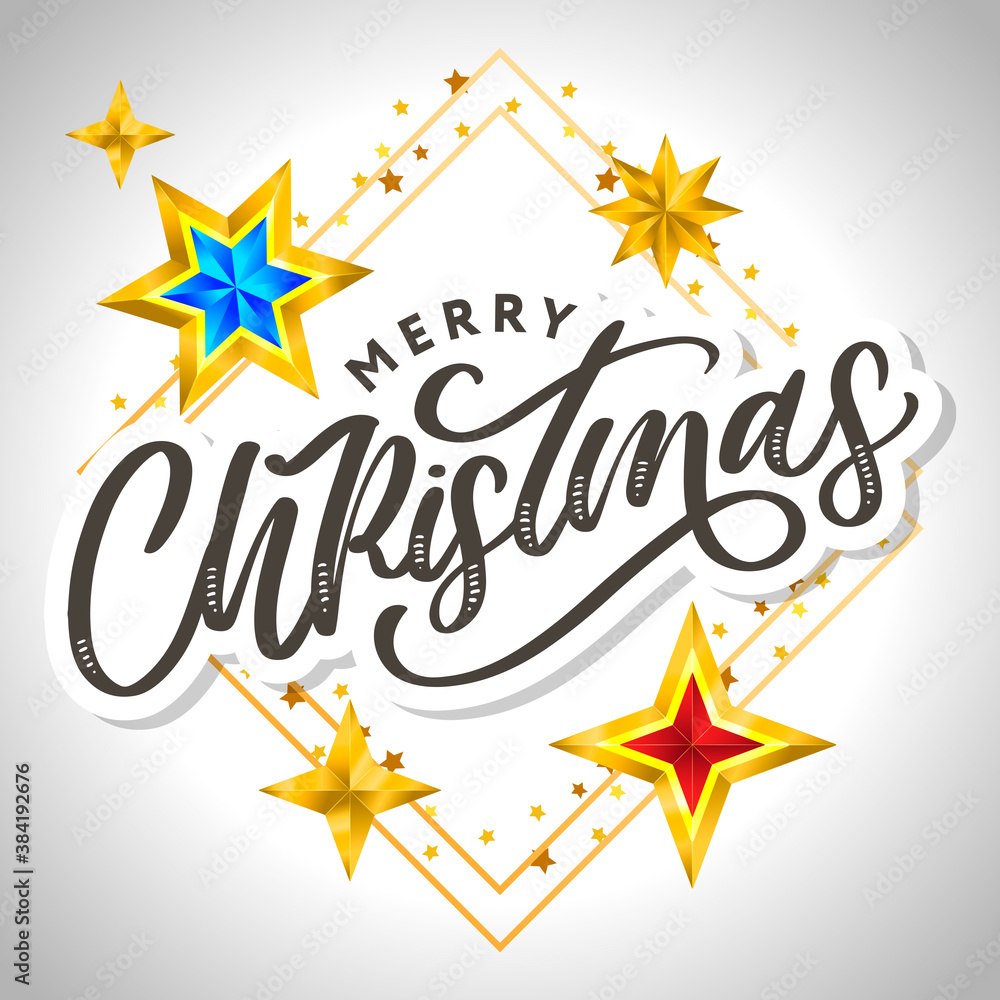 Merry Christmas card with hand drawn lettering and stars on dark background. Cute Holiday golden frame background Merry Christmas card with hand drawn lettering and stars on dark background. Cute Holiday golden frame background