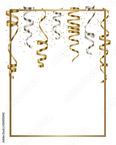 Vector silver and gold serpentine, ribbon with silver and gold dust confetti isolated on white background. Christmas card for party, holiday design, decor. Vector illustration.