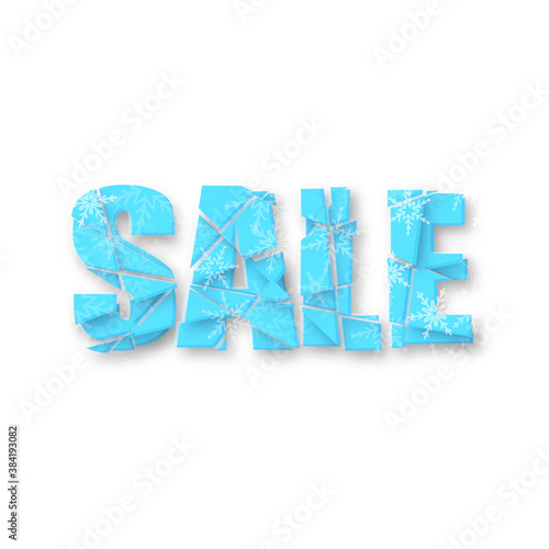 Banner for winter sale. Ice blue lettering on white background. Concept for Christmas sale poster. Vector Illustration. Isolated on white.